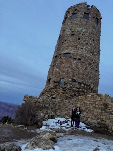 Homeschoolers homeschooling family travel adventure things to do with kids teens grand canyon village arizona az national parks nps snowy sunset sisters siblings love spread kindness desert view watchtower grand canyon sunset spgfan smiles per gallon
