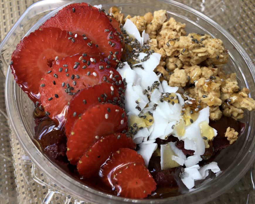 Strawberry Acai Bowl and a Front Porch Cold Brew from Poet’s South