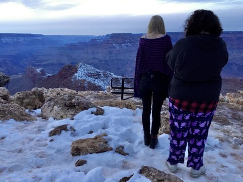 Homeschoolers homeschooling family travel adventure things to do with kids teens grand canyon village arizona az national parks nps snowy sunset sisters siblings love spread kindness desert view watchtower grand canyon sunset spgfan smiles per gallon
