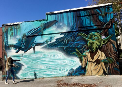 Homeschoolers homeschooling family travel adventure things to do with kids teens chattanooga tn brainerd tennessee urban canvas street art murals spraypaint grafitti do or do not there is no try yoda star wars by the artist seven spgfan smiles per gallon
