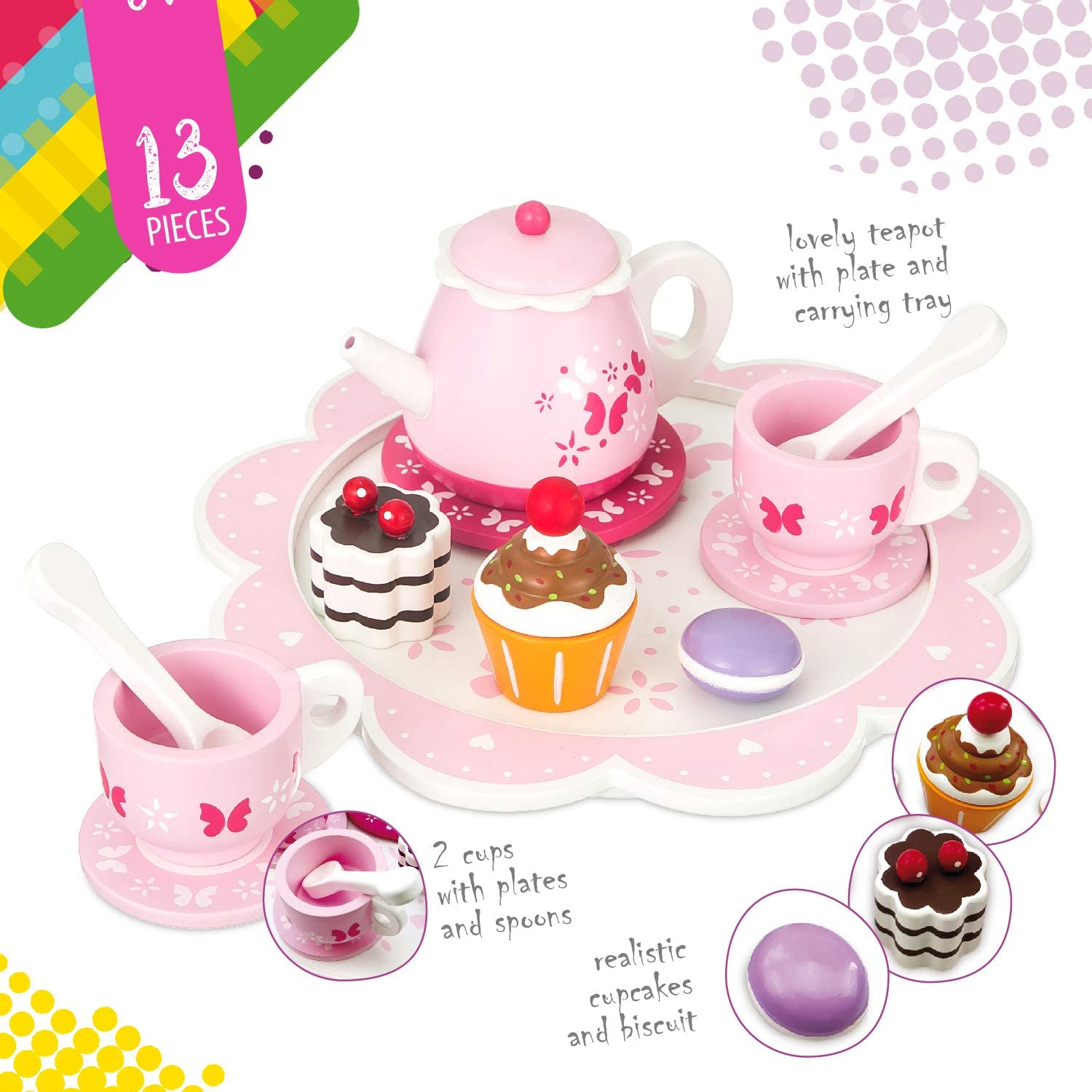 Tea Party Hard: 13 Pc Wooden Tea Set Toy with Tea Pot, Carrying Tray ...