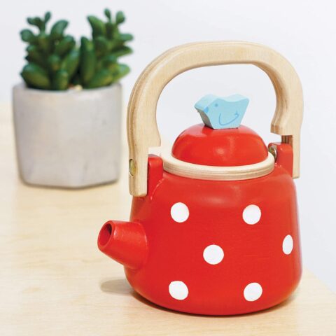 Mentari Dotty Kettle Holzspielzeug – Roter Kessel Mit Weißen Punkten, 10x8x11 Cm, Aus Kautschukholz