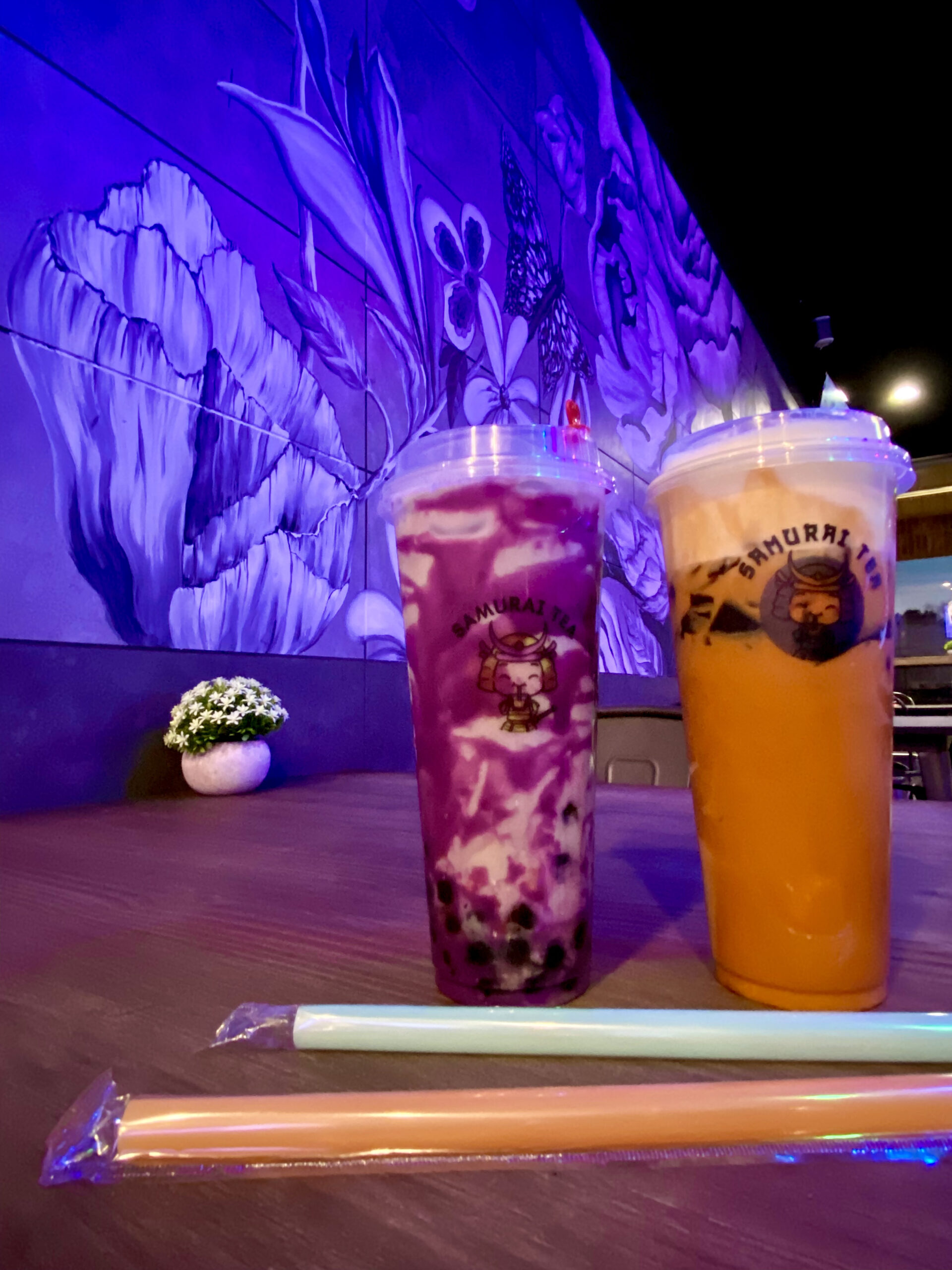 “Sasuke” Ube Swirl Taro Milk Tea and Thai Milk Tea with Cheese Foam and