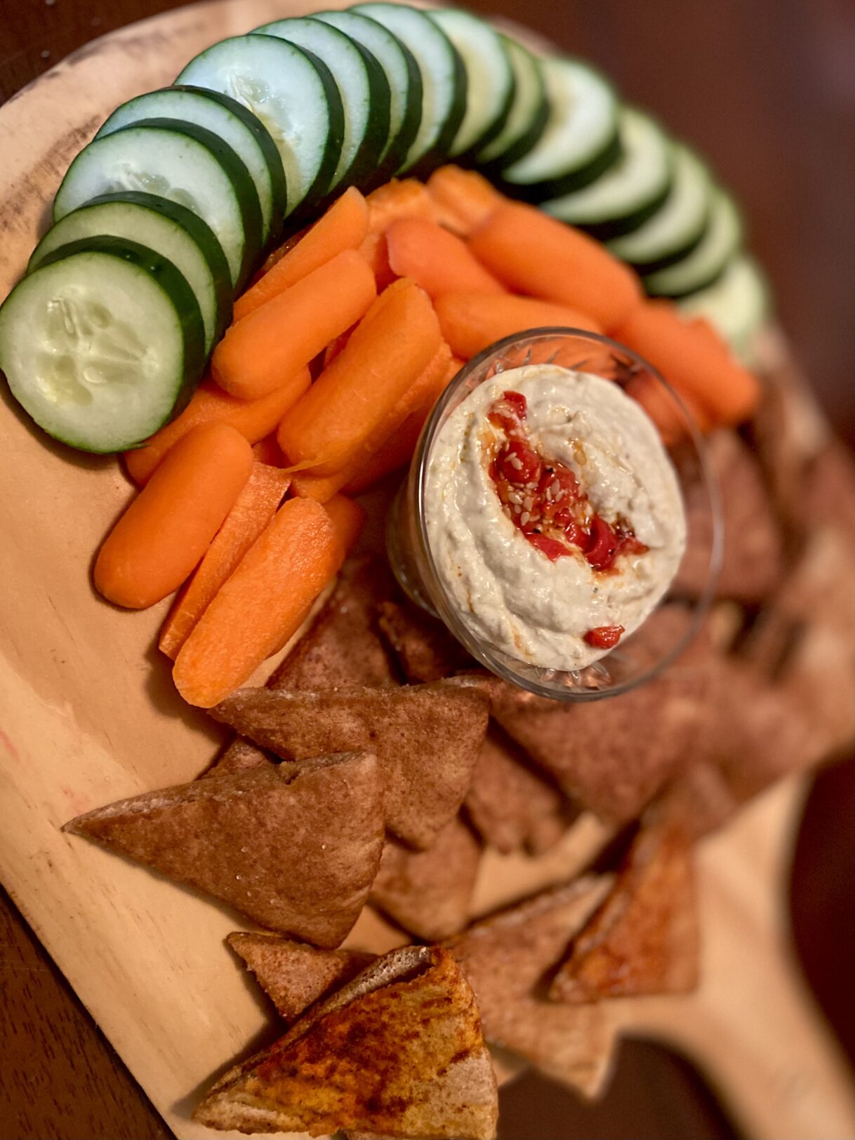 Vegan Snack Ideas: Cucumbers, Carrots, Salted Dill Toasted Pita, and Homemade Edamame Hummus – Athens, Georgia – 12/30/2021