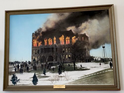 Painted Historical Portrait of the North Dakota State Capitol Building on Fire